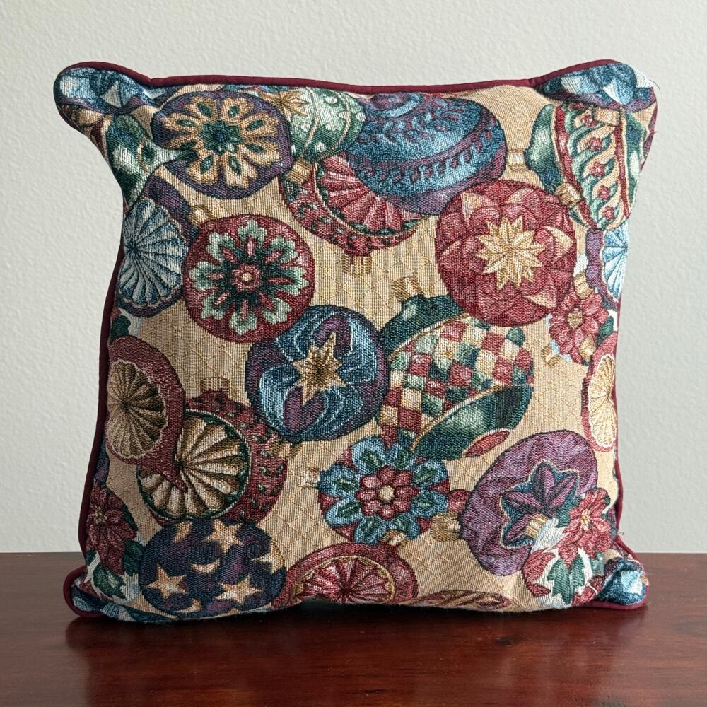 Vintage Christmas decorative tapestry throw pillow with ornaments reflectors 17"